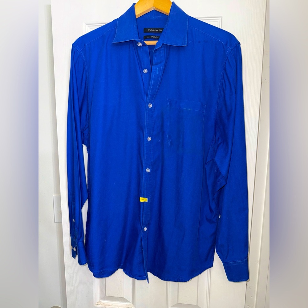 TAHARI  Shirt Men's Classic Long Sleeve Button-Up Blue Cotton RARE 15-15.5 32-33